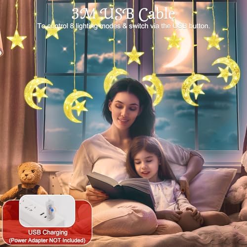 Lewondr 138 LEDs Star Moon String Curtain Lights, Warm Light - Image 4