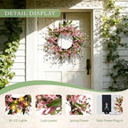 Solar Spring Wreath for Front Door Pre-lit 24inch 50LED Wreaths Spring Decorations for Home Outside Aftificial Pink Flower Wreaths Summer Decor Wreath for Wall Festival Decor(2402) - Image 2