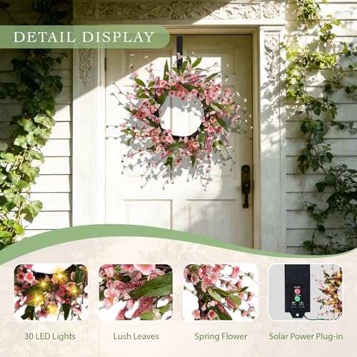 Solar Spring Wreath for Front Door Pre-lit 24inch 50LED Wreaths Spring Decorations for Home Outside Aftificial Pink Flower Wreaths Summer Decor Wreath for Wall Festival Decor(2402) - Image 2