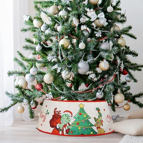 Christmas Tree Collar, 24" Christmas Tree Base Cover with Classic Pattern, Xmas Tree Decorations for Home Indoor, Linen (White) - Image 2