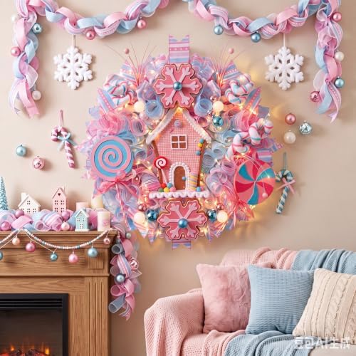 Knitgrip Pastel Gingerbread House Pre-Lit Christmas Wreaths for Front Door - Image 4