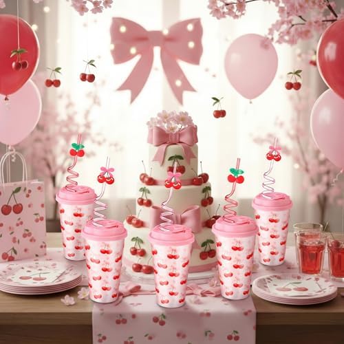 24 Sets Cherry Bow Plastic Cups 16 oz Reusable Cherry Cups with Lid and Straw Keychains for Women Birthday Wedding Baby Shower Party Supplies - Image 4