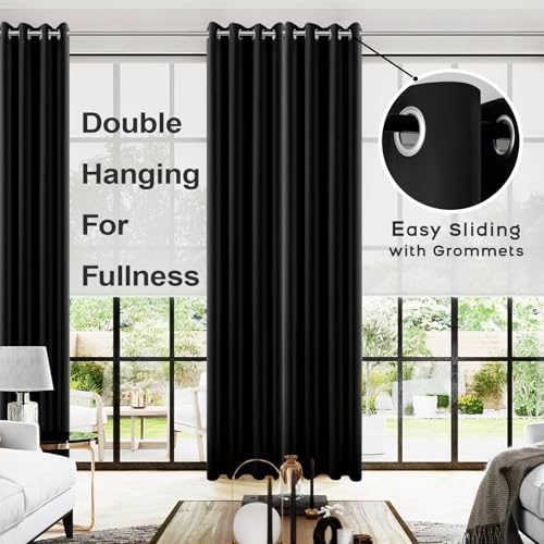 KOUFALL 98 Inch Curtains, Room Darkening Blackout Curtains for Living Room Bedroom 2 Panels 98 Inches Long, Black - Image 2