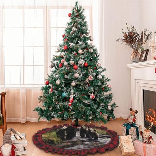 Christmas Tree Skirt 48" Burlap Rustic Xmas Tree Mat Mother Bear and her Cubs Plaid Christmas Tree Cover Skirt Mat for Christmas Decorations Holiday Party Home Decor Indoor Outdoor - Image 7