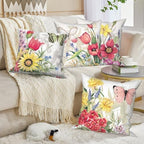 4 Pcs/Set Floral Pillow Covers Pink Yellow Flowers Green Leaves Butterflies Plants Geometric Vintage Throw Pillow Covers for Outdoor Home Couch Sofa Bedroom Farmhouse, 22"x22" - Image 4