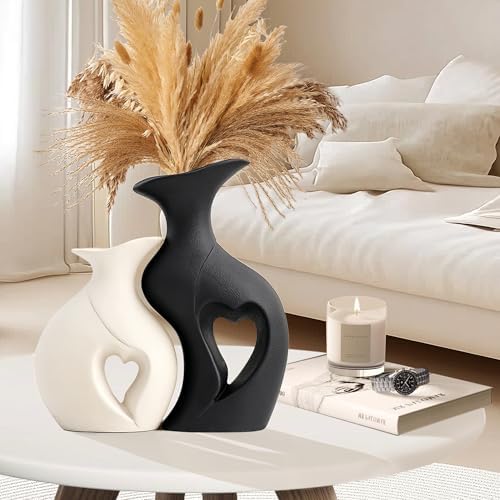 XL Black and White Decor Heart Shaped Ceramic Flower Vase Set of 2 - Image 3