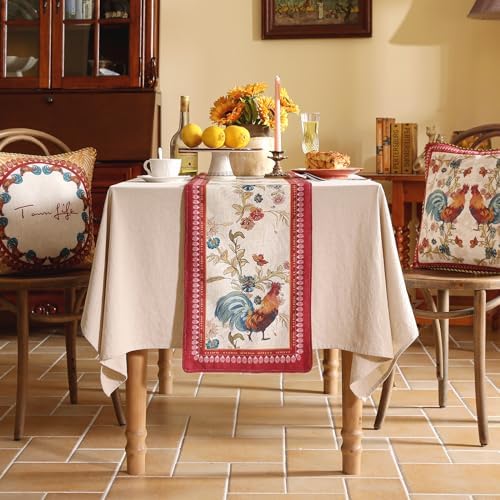 patdrea Designer Farmhouse Linen Extra Long Table Runner,Rustic Cottage Mauve with Rooster and Floral Pattern Fabric Table Mat,Decoration for Kitchen Dining Christmas New Year Banquet, 12"*118" - Image 2