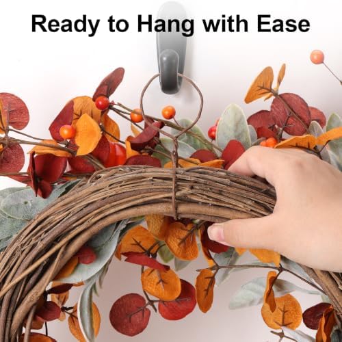 zjlmit Fall Wreath 22 Inch Fall Wreaths for Front Door Autumn Wreath with Orange Pumpkins Eucalyptus Leaves Berries Lamb Ears Leaves for Indoor Porch Wall Home Harvest Festival Thanksgiving Day Decor - Image 5