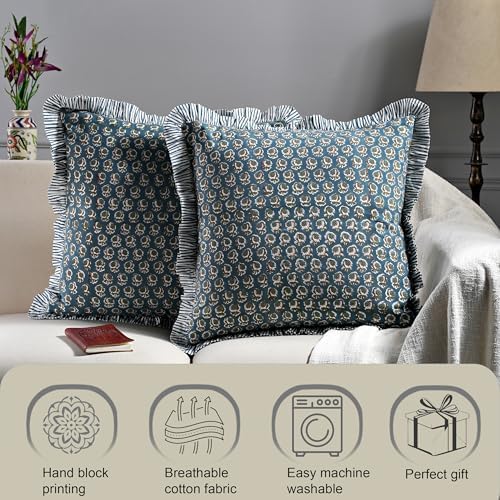 Ridhi Peacock Blue Floral Block Print Throw Pillow Covers 16x16 Inch - Image 4