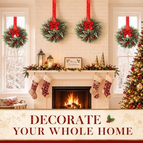 Dingion 4 Pcs 12 Inch Christmas Cabinet Wreaths for Kitchen with Red Bow - Image 5