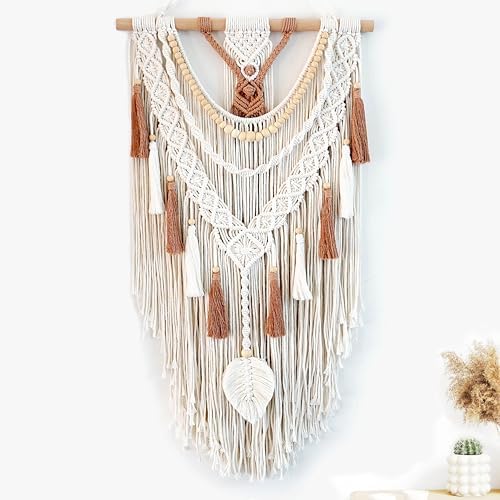 MEIZHIANDME Macrame Wall Hanging, Boho Woven Tapestry Wall Decor, Chic Bohemian Handmade Leaf Feather Wall Art Decorations for Bedroom Living Room Apartment Wedding Party (Leaf & Wood Bead) by Unknown