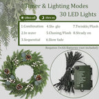 24Inch Christmas Wreaths for Front Door with 8 Function Lights Cedar Wreath - Image 2