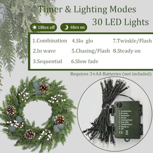 24Inch Christmas Wreaths for Front Door with 8 Function Lights Cedar Wreath - Image 2