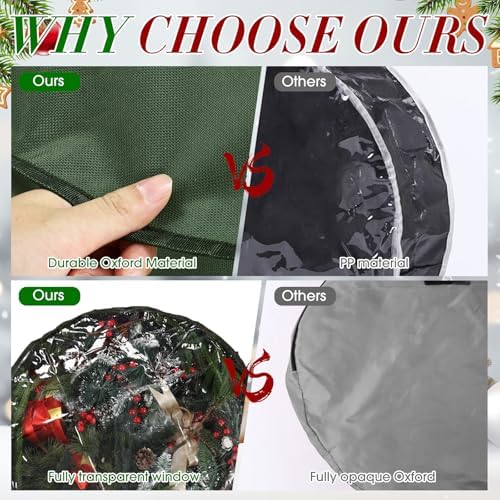 4 Pack Wreath Storage Container, 24 Inch Christmas Wreath Storage Box with Clear Window and Handles Upgrade Oxford Cloth Garland Bags with Dual Zipper for Xmas Wrapping, Green - Image 3