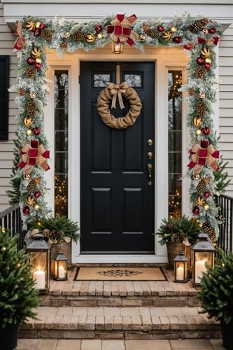 Christmas Garland for Front Door, 6 Foot Artificial Unlit Winter Garland with Pine Cones, Berry Clusters, Burgundy Ball Ornaments and Ribbon for Thanksgiving Holiday Christmas Decoration - Image 6