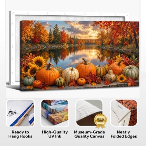 WAXWHELK Fall Canvas Wall Art Pumpkin Autumn Lake Landscape Painting Pictures, Rustic Farmhouse Thanksgiving Artwork for Bedroom Living Room Home Decor, (16"x32") - Image 6