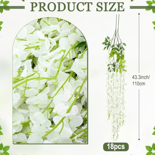 Zeyune 24 Pcs Wisteria Artificial Flowers Garland Includes 6.8 ft Artificial Wisteria Hanging Flowers 3.6 ft Fake Vines Green Pothos Leaves for Garden Outdoor Wedding Arch Decoration (White) - Image 2