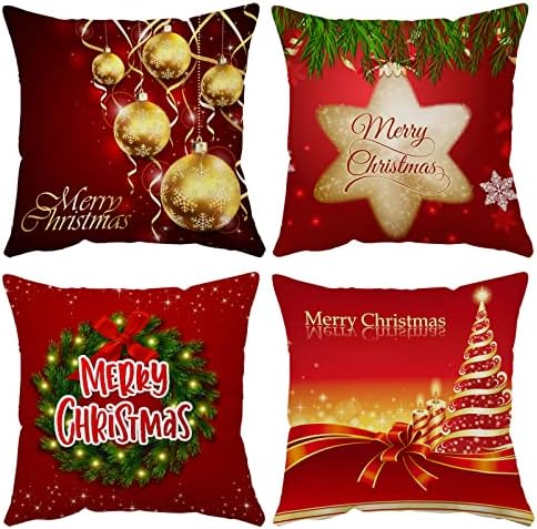 Set of 4 Christmas Pillow Covers 22x22 Inch Xmas Pillow Cases Velvet Throw Pillow Covers Red Gold Winter Holiday Cushion Covers Outdoor Couch Sofa Home Decorations for New Year by YeeJu