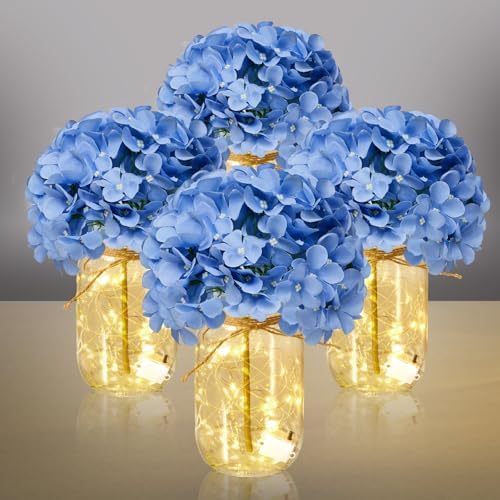 4 Sets Hydrangea Mason Jar Centerpiece with LED Lights for Wedding by Tianxunewtig