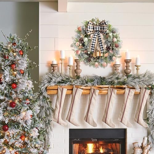22" Green lamb's Leaves Wreaths for Front Door Winter Wreath with Pine Cones Shells Satin Bow Bells,Artificial Wreath for Indoor Outdoor Farmhouse Home Porch Wall Window Festival Wedding Decor - Image 6