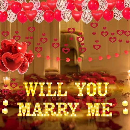 Will You Marry Me Light Up Letters Proposal Decorations, 14Pcs 6.3" Sign with 24Pcs Flameless Heart Candles 2000Pcs Red Artificial Rose Petals 45Pcs Latex Balloons 10Pcs Heart Balloon Valentine's Day - Image 4