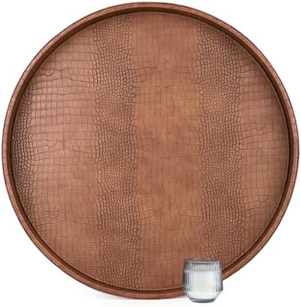 HofferRuffer Large Round Serving Tray 24'', Elegant Faux Leather Circle Ottoman Table Tray, Serve Tea Coffee Breakfast in Bedroom Living Room Kitchen (Antique Brown, 24'') by HofferRuffer