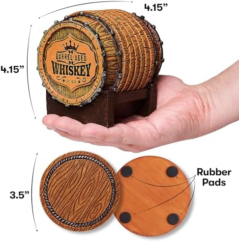 Cabin Obsession Whiskey Barrel Coaster Set – Handcrafted Whiskey Barrel Decor for Whiskey Lovers and Man Cave Gifts for Men - 6 Full Size Whiskey Coasters with Barrel Style Holder for Man Cave Décor - Image 4