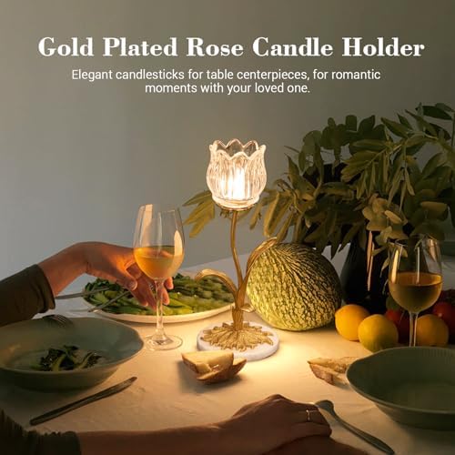 Candle Holder, Cut Rose Shaped Brass Candle Holder High-end Light Luxury Creative Art Crystal Glass Flower Candle Sticks Holder Decor Marble Disc Base Romantic Ambiance Table Decoration - Image 3