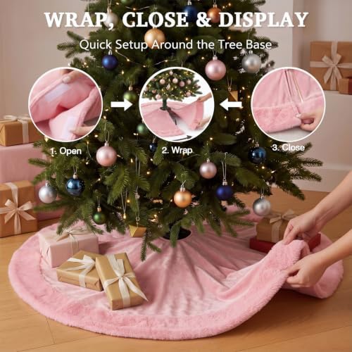 Skylety 48" Velvet Christmas Tree Skirt with Faux Fur Trim,Pink - Image 3