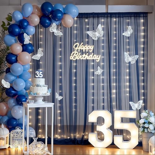 20x10ft Navy Blue Tulle Backdrop Curtain with Lights String for Parites, Sheer Backdrop Curtains for Wedding Baby Shower Birthday Party Photo Shoot Decorations - Image 3