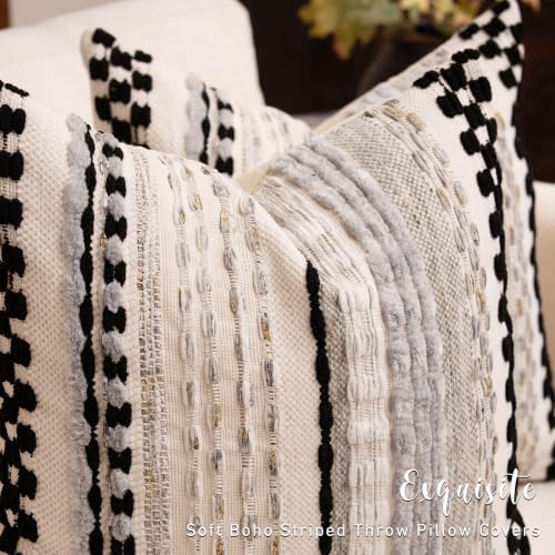 Boho Chenille Tufted Throw Pillow Covers 18x18 Inch Set of 2 Farmhouse Black Woven Striped Decorative Pillowcases for Couch Sofa Bed - Image 5