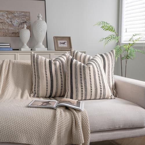 Cethom Black Boho Throw Pillow Covers 22x22 Inch Set of 2, Stripe Textured Decorative Couch Pillow Cases for Bed, Sofa, Living Room, Bedroom, Farmhouse Home Accent Cushion Covers - Image 2