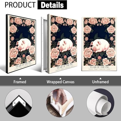 Chinese Lunar Year of the Pig Art Print – Oriental Home Decor with Generous Diligent Compassionate Sociable Pink Peony Pattern Zodiac Wall Decor 20X30 in Black Framed - Image 2