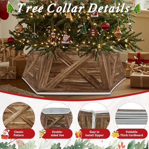 OurWarm 31 inch Christmas Tree Collar, Large Hexagon Fabric Tree Ring Collapsible Trees Skirt, Rustic Double-Sided Christmas Trees Box Base for Home Festive Xmas Decorations - Image 3