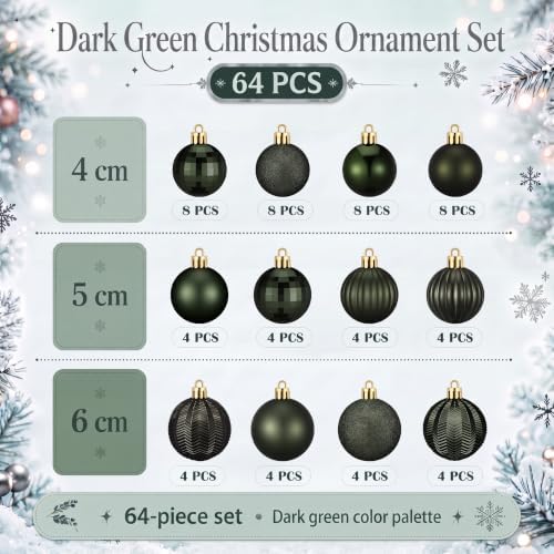 Lunmon 64 Pcs Dark Green Christmas Ball Ornaments Forest Green Xmas Baubles - Image 4