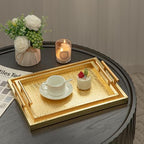 Modern Elegant Large Wood Serving Tray, Set of 2 Gold Crocodile Leather with Gold Polished Metal Handles, Home Decorative Rectangle Ottoman Decor Platter Living Room Bathroom Vanity Tray - Image 6