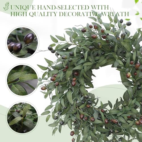 Olive Wreath 26 Inch Wreaths for Front Door with Purely Handmade Realistic Dense Olive Leaf Olive Berry, Elegant Home Decor Wreath Ideal for Front Door, Hallways, Any Area You Want to Brighten - Image 3