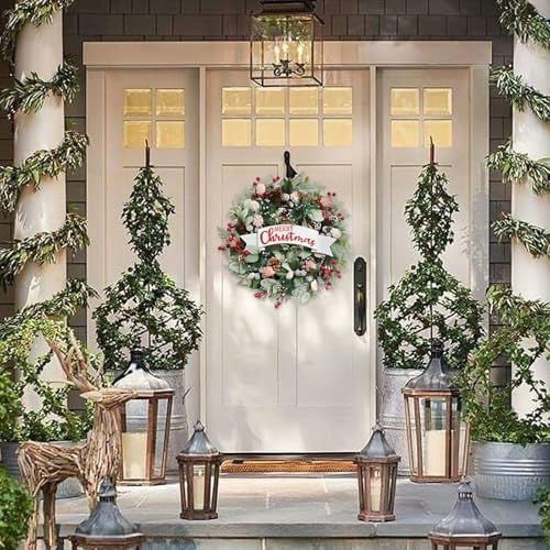 Winter Shells Wreath Christmas Wreath Front Door 22 Inch Artificial Christmas Wreath Decorated with Pine Needles Lamb's Leaves Berries Shells Pine Cones for Indoor Outdoor - Image 4