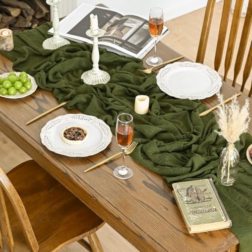 Artoid Mode 6PC Boho Cheesecloth Gauze Olive Green Wedding Table Runner, 120 Inch Seasonal Fabric Kitchen Dining Holiday Table Decor for Home Party Indoor - Image 4