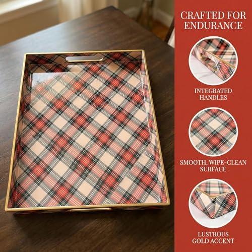 Rectangular Decorative Tray with Handles, Plastic Serving Tray for Living Room, Home Decor, Christmas，15.7" x 11.8" Red Plaid - Image 4