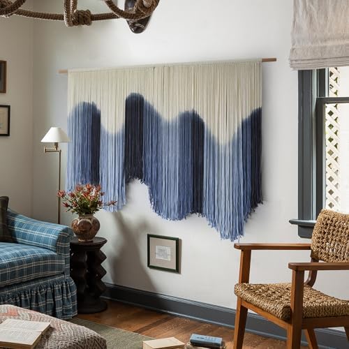 Macrame Wall Hanging Blue Large Hand-Dyed Ombre Fiber Tapestry 57"W*39"L - Image 2