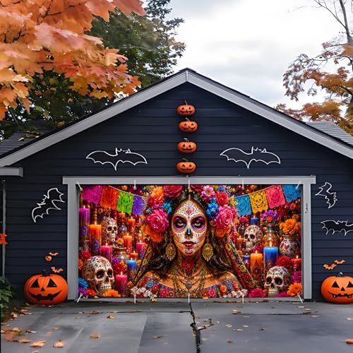 Day of the Dead Garage Door Banner 7x16 FT - Dia De Los Muertos Catrina Sugar Skull Backdrop Cover with Mexican Papel Picado Flowers Candles Decor for Double Car Garage Door Outdoor Fiesta Party - Image 5
