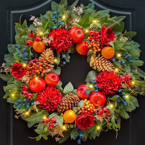 Christmas Wreaths for Front Door with Lights 24 Inch Christmas Wreath with Red Flowers, Apples, Oranges, Pine Cones, Berries and Greenery – Holiday Wreath Front Door Indoor Outdoor Winter Décor by SoomeirWreath