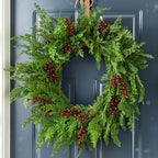 Glitzhome 24" D Christmas Wreath for Front Door, Real Touch Green Artificial Cedar Wreath with Red Berries for Porch, Window, Wall Indoor and Outdoor Home Decor by Glitzhome