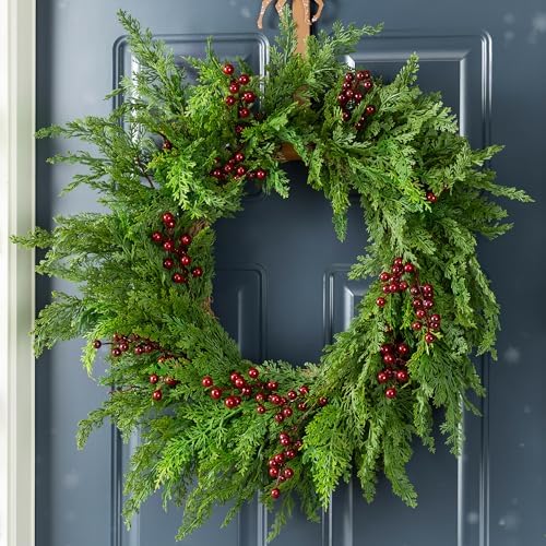 Glitzhome 24" D Christmas Wreath for Front Door, Real Touch Green Artificial Cedar Wreath with Red Berries for Porch, Window, Wall Indoor and Outdoor Home Decor by Glitzhome