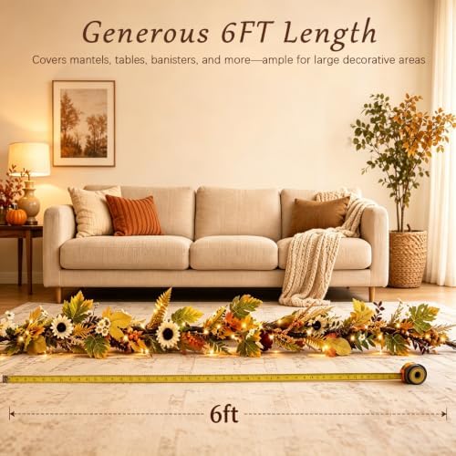 6FT Fall Garland with Lights, Artificial Sunflower Pumpkin Berry Pinecone Daisy Vine, Thanksgiving Autumn Harvest Home Decor for Mantle Porch Table Centerpiece - Image 5