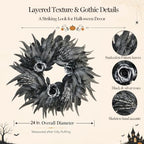 24 Inch Black and Silver Rose Halloween Wreath with 3 Skeleton Hands - Image 2