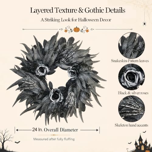 24 Inch Black and Silver Rose Halloween Wreath with 3 Skeleton Hands - Image 2