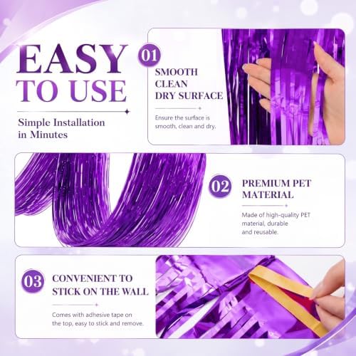 Breling 8 Pcs Purple Ceiling Fringe Curtains, Metallic Foil Drapes, 15 ft - Image 3