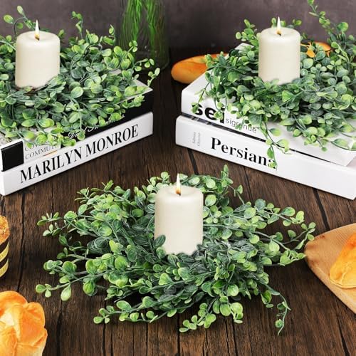 8 Pcs Mini Boxwood Wreath Green Table Centerpieces Spring Pillars Candle Rings Wreaths 9 Inch Wreath for Cabinets Farmhouse Wreaths with Ribbon for Front Door Porch Wall Window Decorations - Image 2